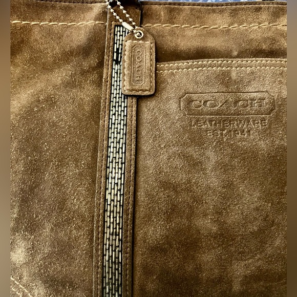 Coach Leatherware Olive green Suede tote Bag w/double handles & silver beaded - Picture 11 of 14